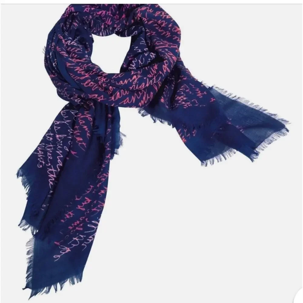 Vera Bradley Printed Poly Scarf-Katina Love-Navy Blue/Pink Script-76x36-NEW-1053